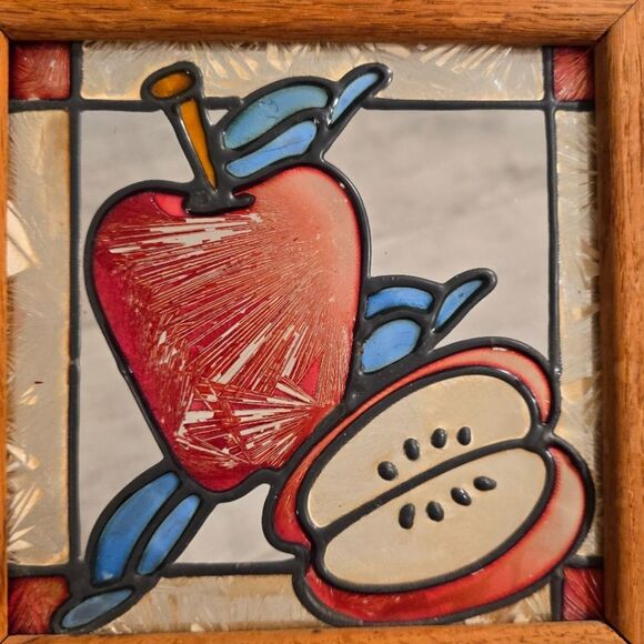 Vintage Stained Glass Apple Window Panel Hanging Sun Catcher Wood Frame - Picture 4 of 8